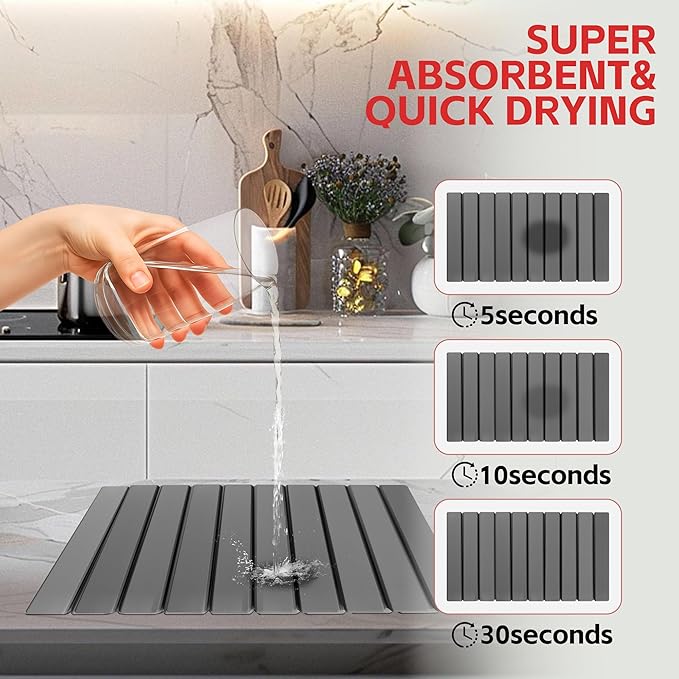 Stone Drying Mat For Kitchen Counter 24"x16" Foldable Super Absorbent Non-Slip - Image 4