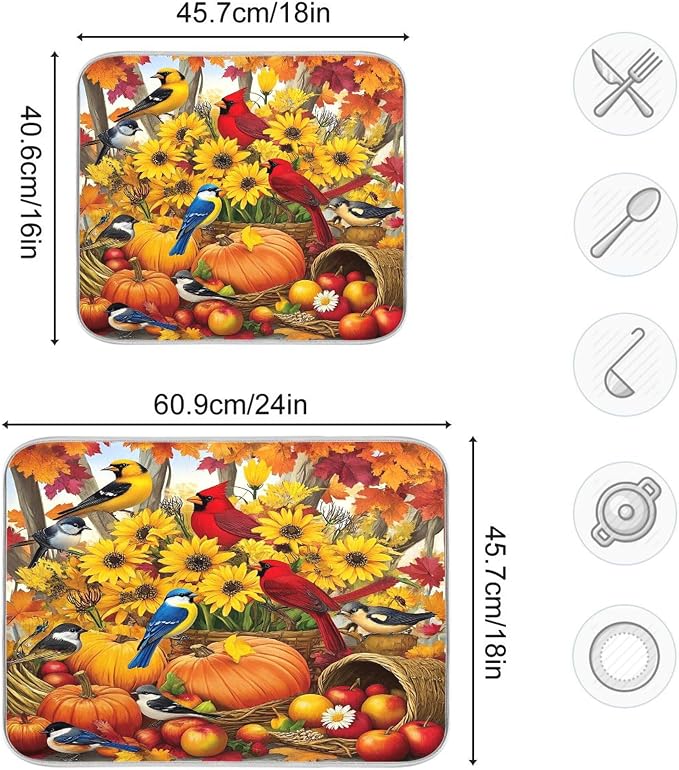Fall Birds Dish Drying Mat for Kitchen Countertop 18x24 Autumn Pumpkin - Image 3