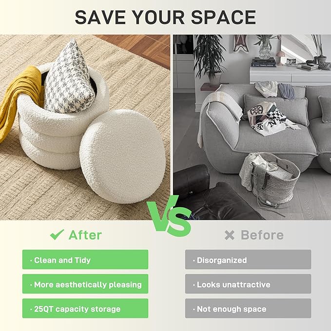 Round Ottoman with Storage Boucle Ottoman Stool with Storage Removable Lid - Image 5