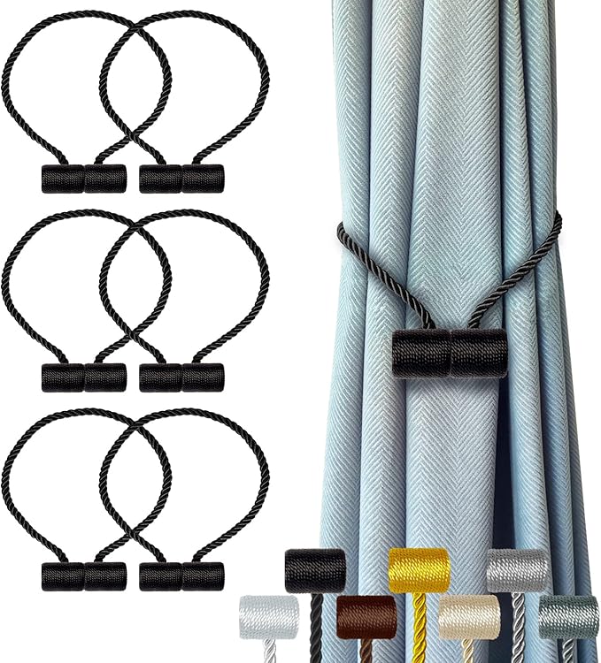 Hion Magnetic Curtain Tiebacks Black 6 Pack, Curtain Tiebacks Buckles Holdbacks by Hion