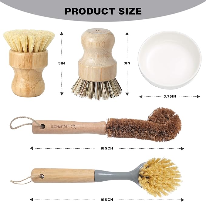 Natural Bamboo Dish Brush Bottle Scrub Brush 4-Piece Set, - Image 3