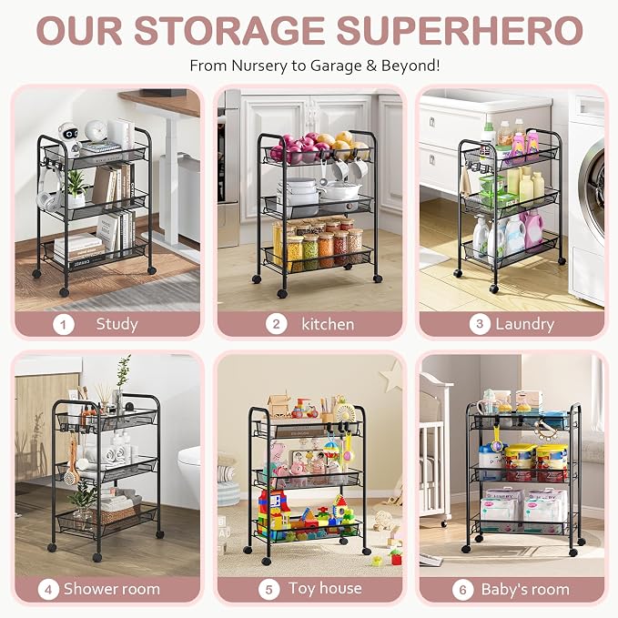TOOLF 3-Tier Metal Rolling Cart, Mesh Wire Easy Assemble Utility Cart, Storage - Image 2