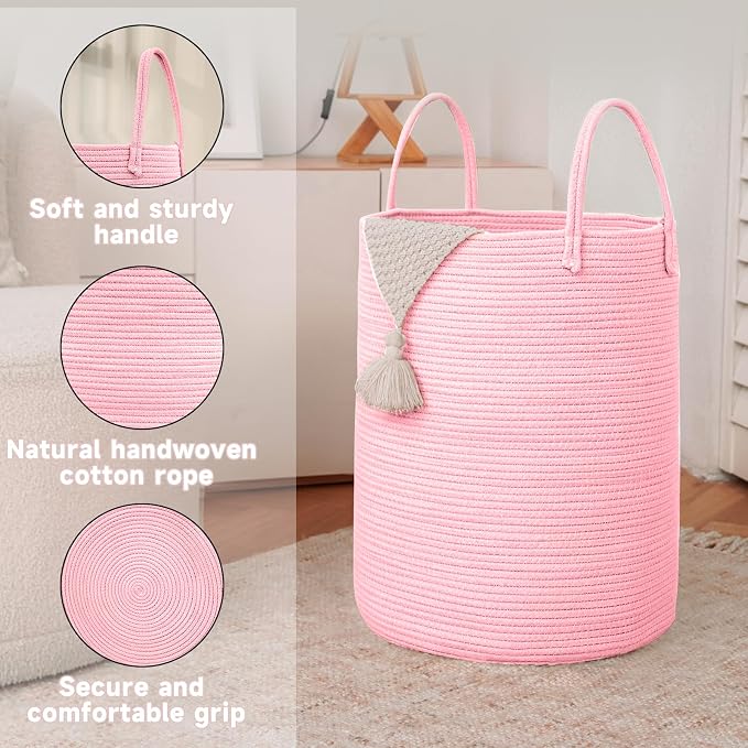 Large Woven Laundry Basket Hamper, 80L Cotton Rope Storage Bin - Image 6