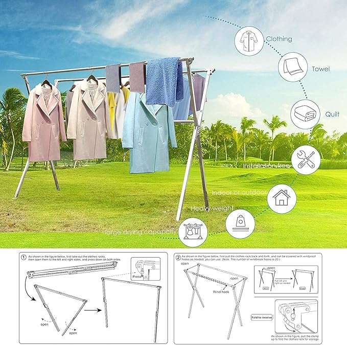 Clothes Drying Rack Folding Indoor Outdoor, Foldable Portable Laundry Drying - Image 4