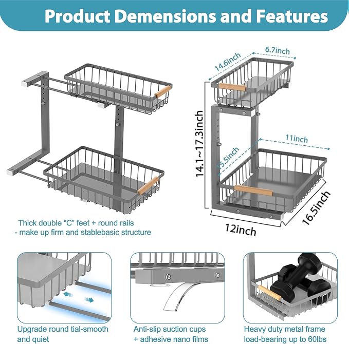 Under Sink Organizer Storage 2 Pack, 2 Tier Slide Out Height Adjustable Pull - Image 6