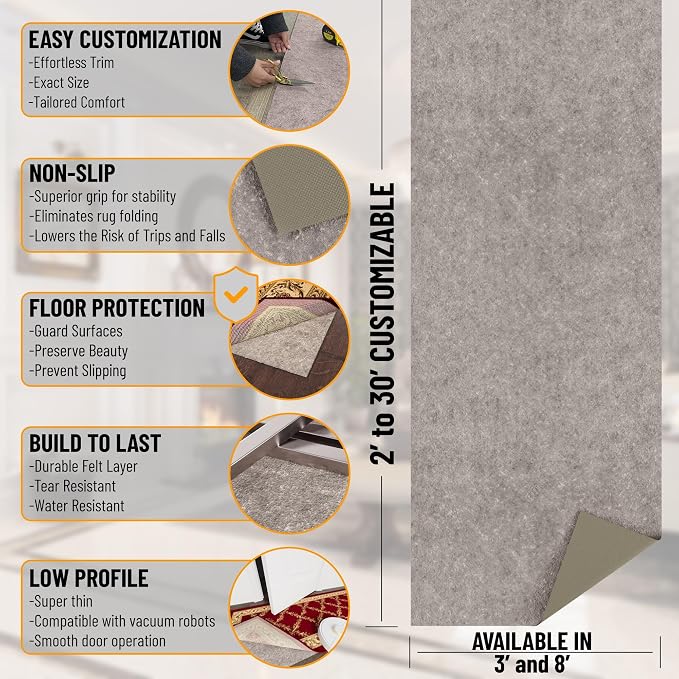 Ottomanson 6' x 8' Non-Slip Rug Pad Gripper 1/4 Inch Thick Dual Surface Felt + - Image 2