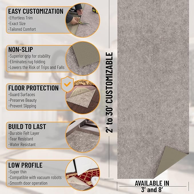 Ottomanson 8' x 10' Non-Slip Rug Pad Gripper 1/4 Inch Thick Dual Surface Felt + - Image 2