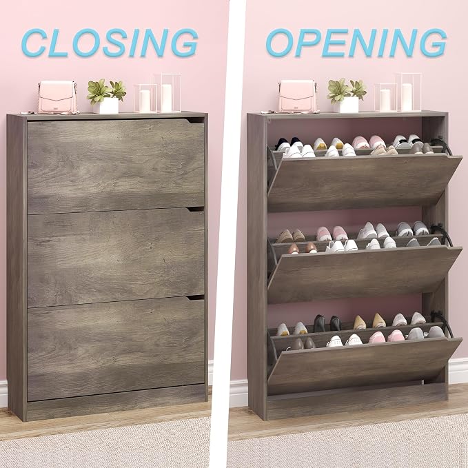 Shoe Cabinet with 3 Flip Drawers, Hidden Wood Shoe Cabinet, Freestanding Shoe - Image 5