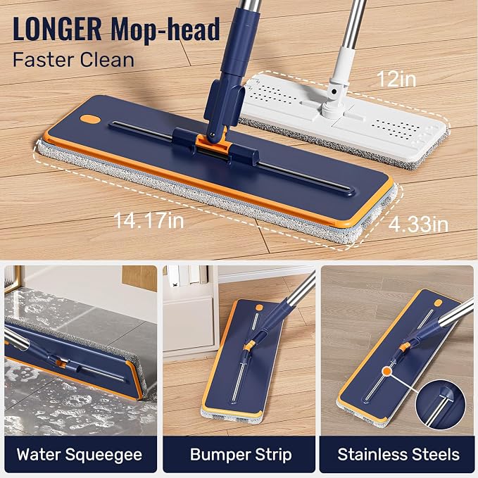 Mop and Bucket Set with Wringer, 3-Tank Flat Mop and Bucket System, Wall Mop - Image 8