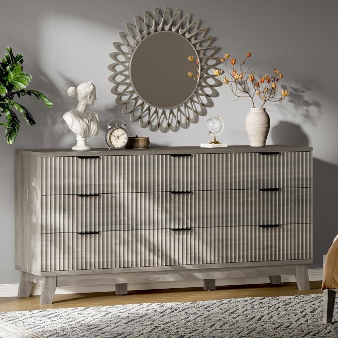 Fluted Dresser with 9 Drawers, Wooden Dresser TV Stand, Wood Closet Clothes by Xixini