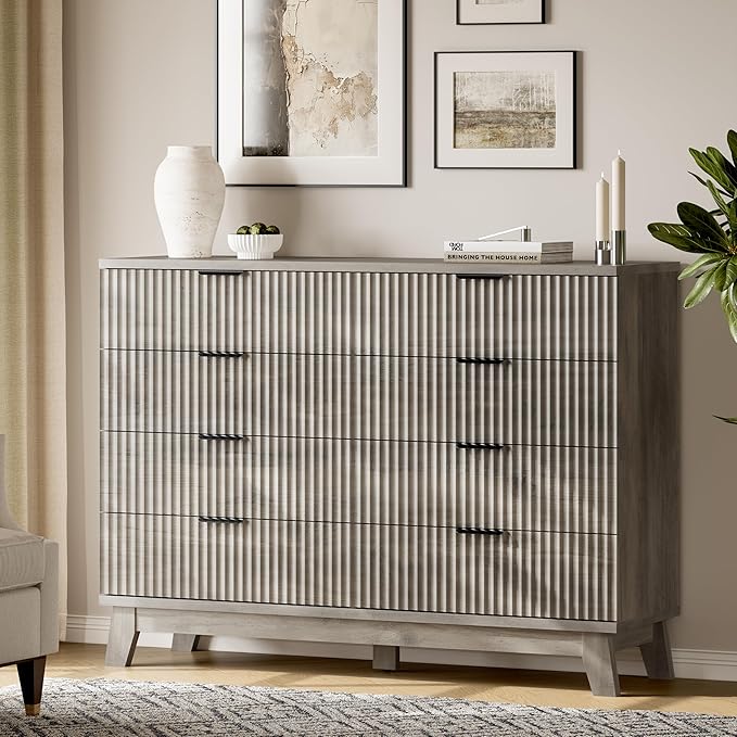 Fluted Dresser with 8 Drawers, Wooden Dresser TV Stand, Modern Closet Clothes - Image 3