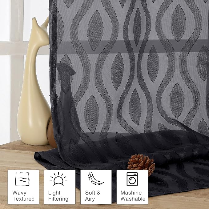 Aiyufeng Black Sheer Curtains Tiers 36 Inch Length 2 Panels Set, Airy - Image 2