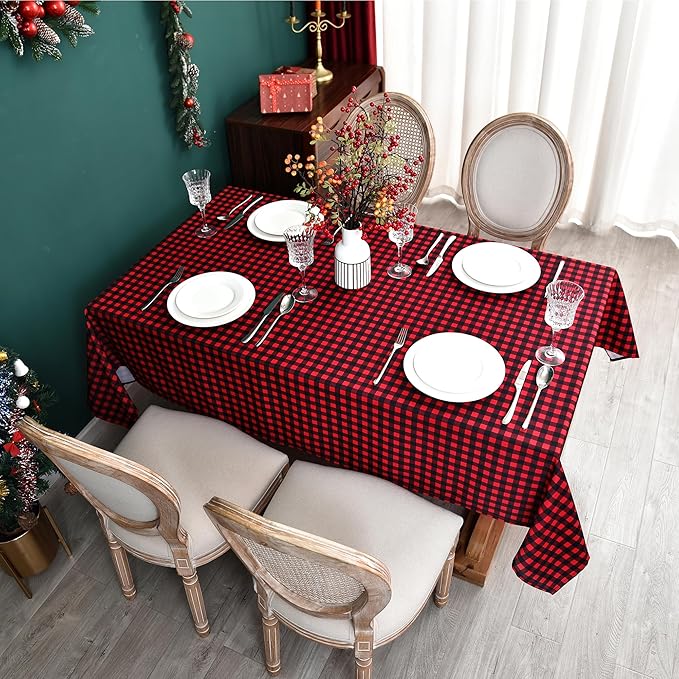Red Waterproof Plaid Christmas Tablecloth Fabric - Image 8