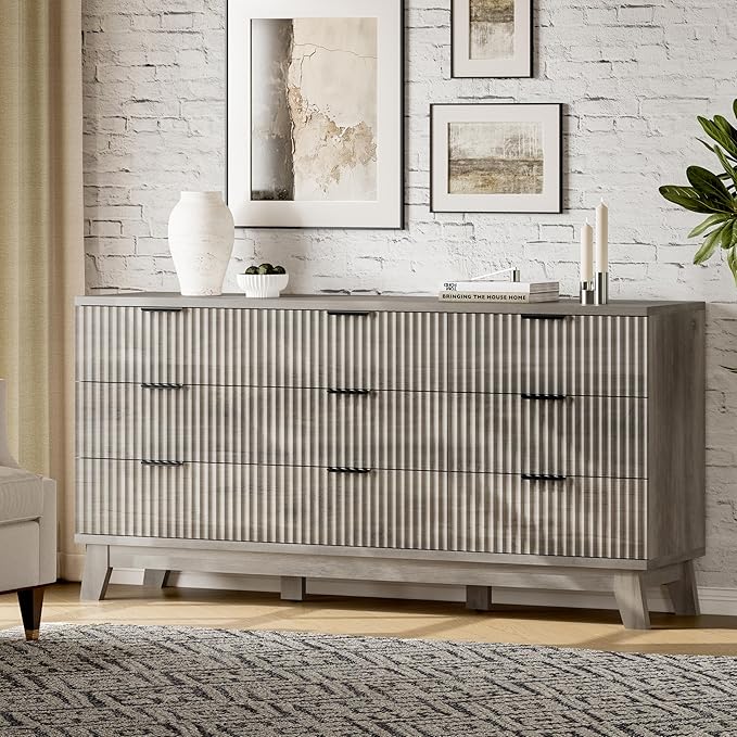 Fluted Dresser with 9 Drawers, Wooden Dresser TV Stand, Wood Closet Clothes - Image 3
