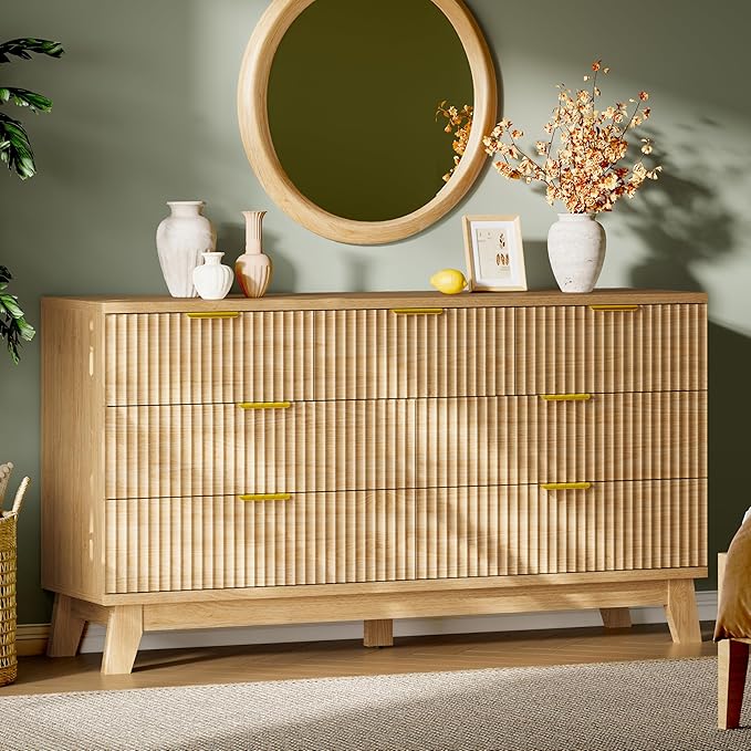 Fluted Dresser with 7 Drawers, Wooden Dresser TV Stand, Wood Closet Clothes by Xixini