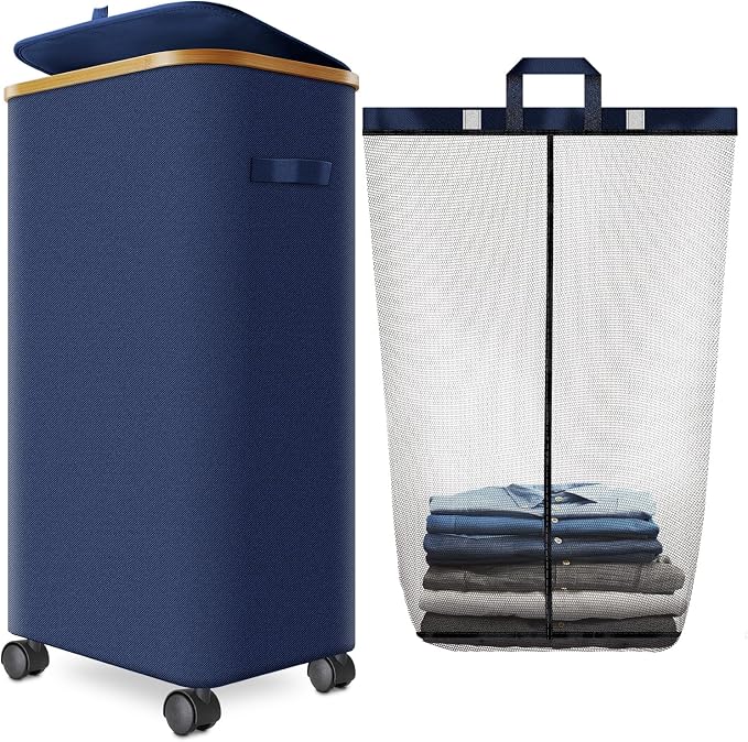 Laundry Hamper with Wheels, 29 Gal Laundry Basket with lid Rolling Clothes by Wuevu