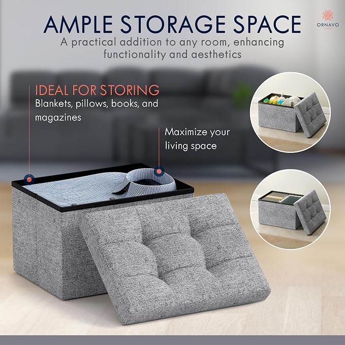 Ornavo Home Small Storage Ottoman, Foldable Collapsible Rectangle Linen Ottoman - Image 3
