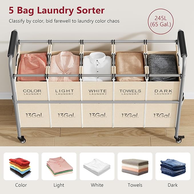 Tajsoon Laundry Sorter 5 Sections, Laundry Hamper - Image 3