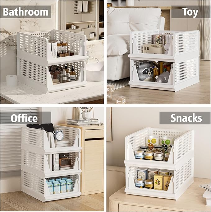 Proarea 4 Pack Stackable Plastic Storage Basket Closet Organizer Bin Foldable - Image 7