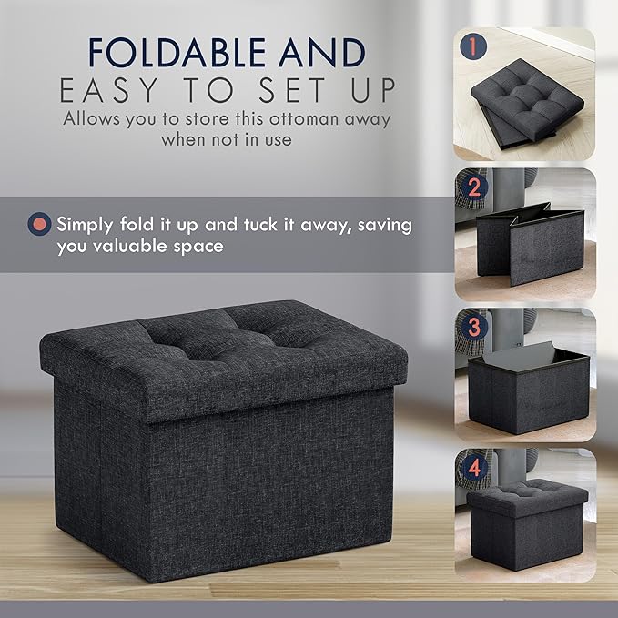 Ornavo Home Small Storage Ottoman Foldable Collapsible Rectangle Linen Ottoman - Image 5