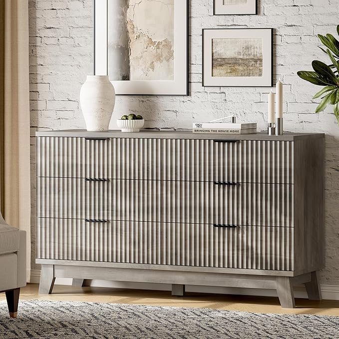 Fluted Dresser with 6 Drawers, Wooden Dresser TV Stand, Wood Closet Clothes - Image 3